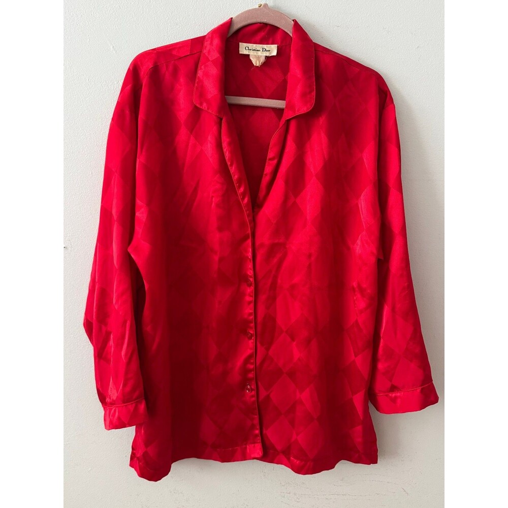 Vintage Christain Dior Red Diamond Argyle Satin Sleep Shirt Size L*